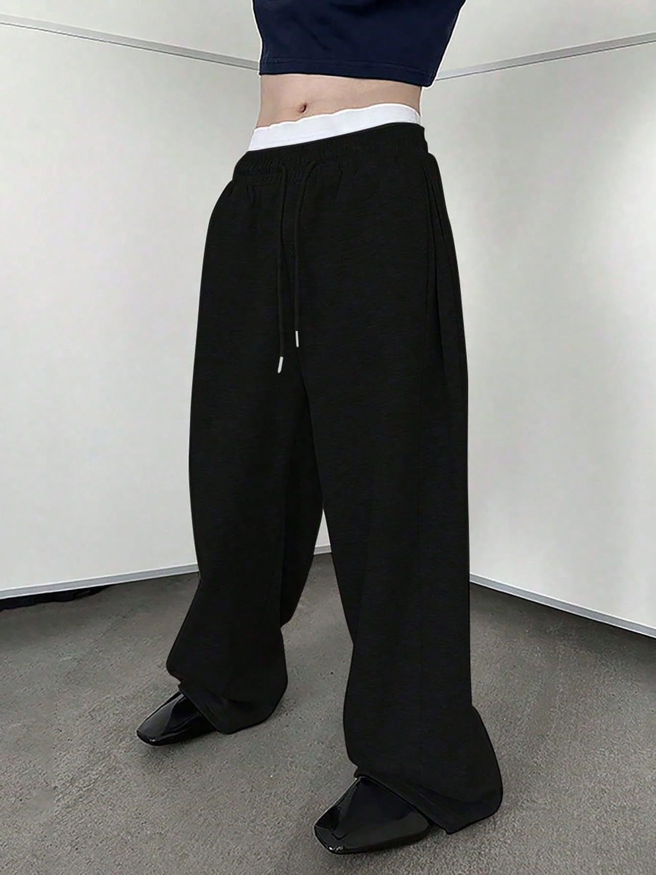 スポーツ男性女性 Y2K 巾着ウエスト無地スウェットパンツロングスウェットパンツ無地黒フィットネス基礎秋服