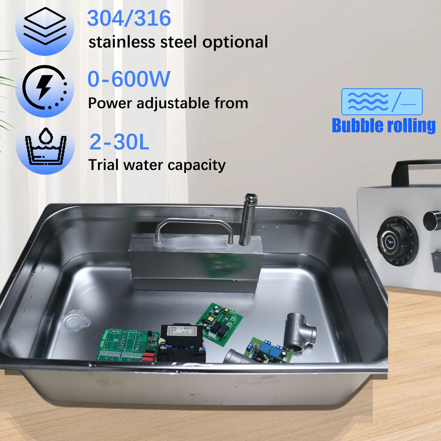 超音波洗浄機 600W 調整可能、5-30L の水容量に適しています、304/316 ステンレス鋼、バブルすすぎ付き