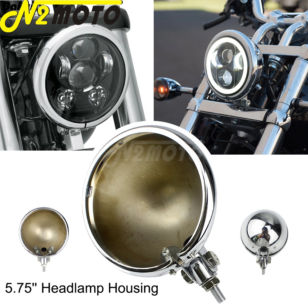 クロームオートバイヘッドランプハウジング 5.75 "LED ヘッドライトマウントバケットハーレーダイナスポーツスター XL1200 XL883 ストリートボブ FXD FXBB
