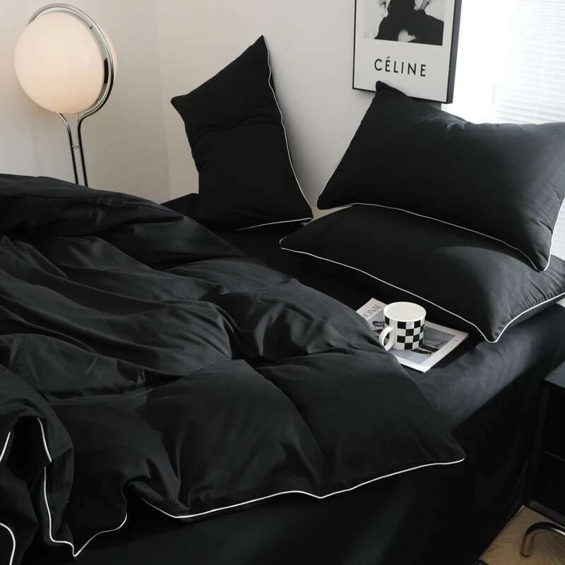 Black Bedding Set - Minimalist Queen/King Size Quilt Set 100% Cotton Plain Bed Cover Full Set (Includes Pillowcases)​