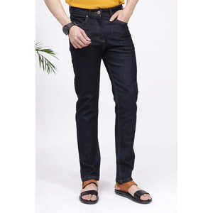 Custom-logo men's Scott regular-fit jeans, loose-weave denim, button detailing, streetwear, patchwork design, dark color, perfect for winter