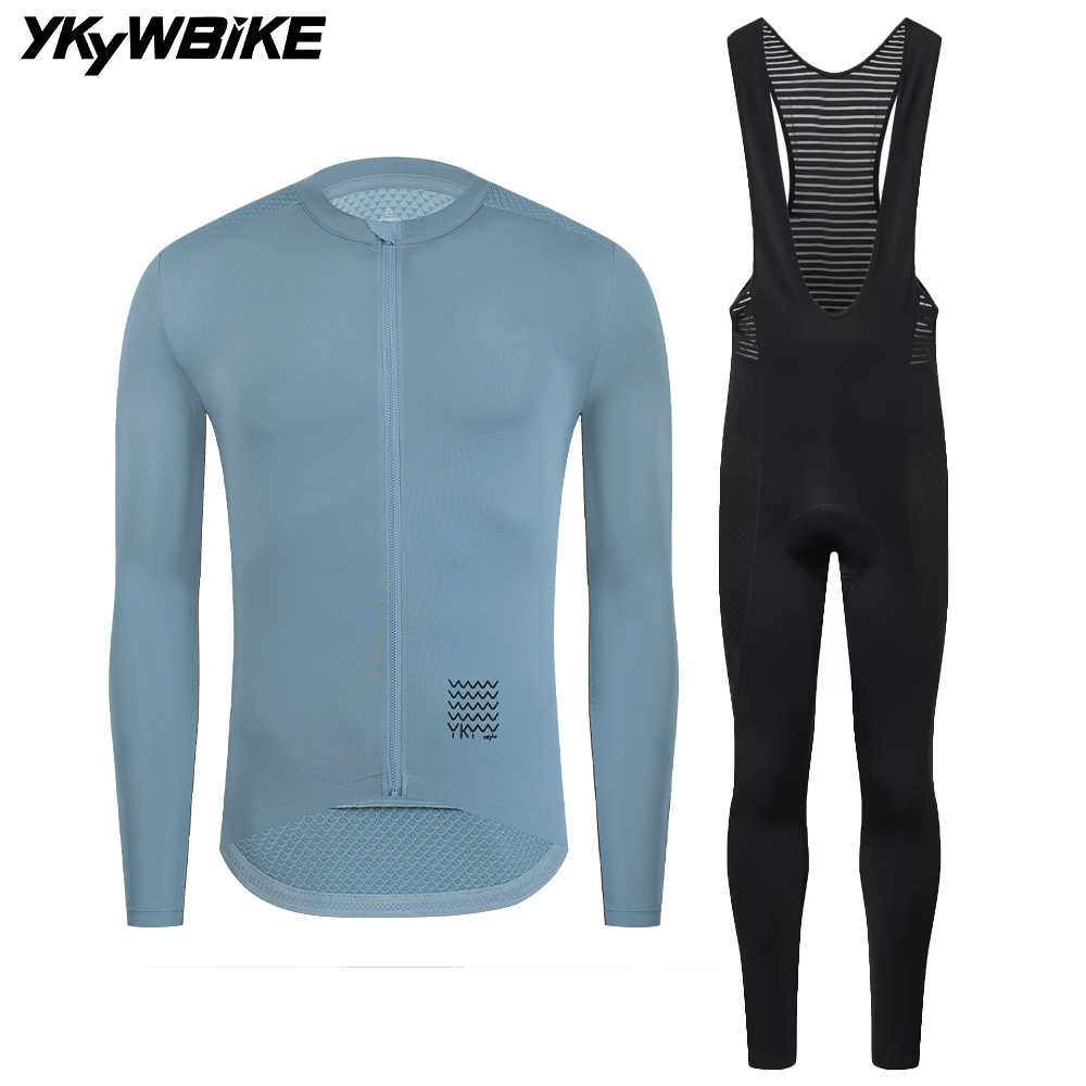 YKYWBIKE メンズサイクリングセット長袖ロングビブパンツ自転車服男サイクリングマイヨロードバイクキットサイクリング服