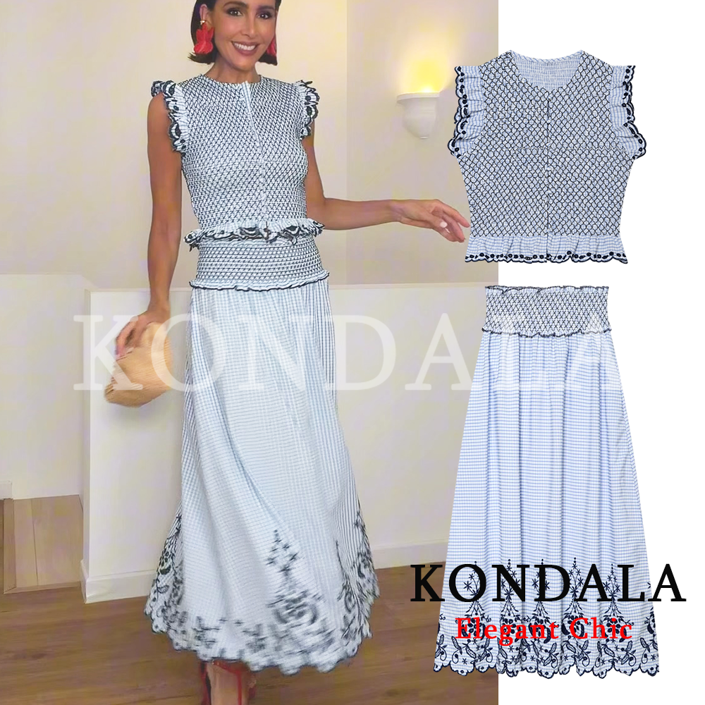 KONDALA 女性トレンディエレガントな刺繍ブルースカートセットカジュアルセットチェック柄ベストミディスカート 2026 春夏ホリデービーチセット