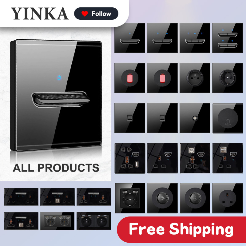 YINKA 強化ガラススイッチパネル LED インジケータ 1-4Gang ライトスイッチ EU 2USB 壁ソケットプッシュボタン高品質壁スイッチ