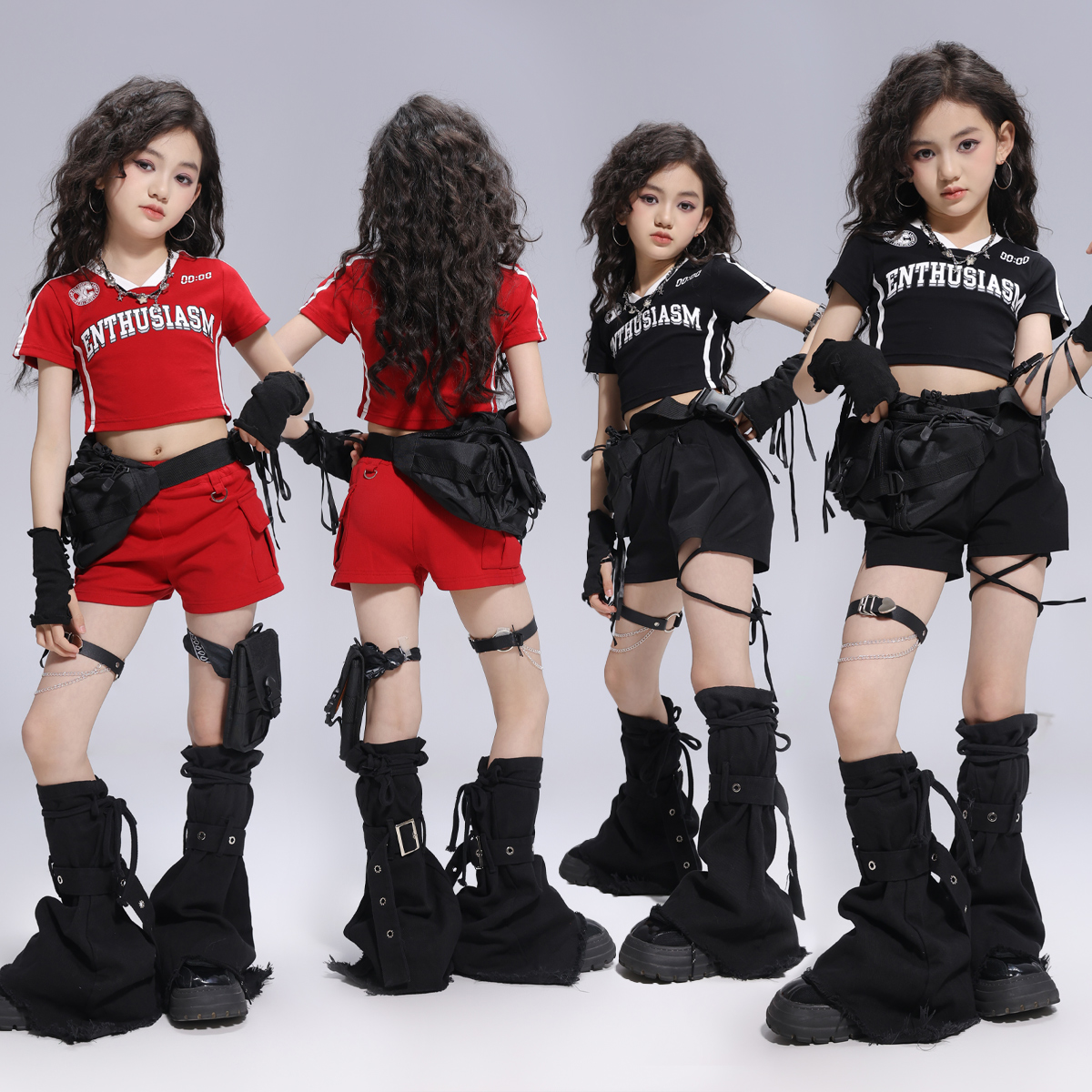 ヒップホップ女の子 K-POP 赤クロップトップスストリートダンスショーツ子供社交トレーナー 2 個服セット子供ジャズステージ衣装