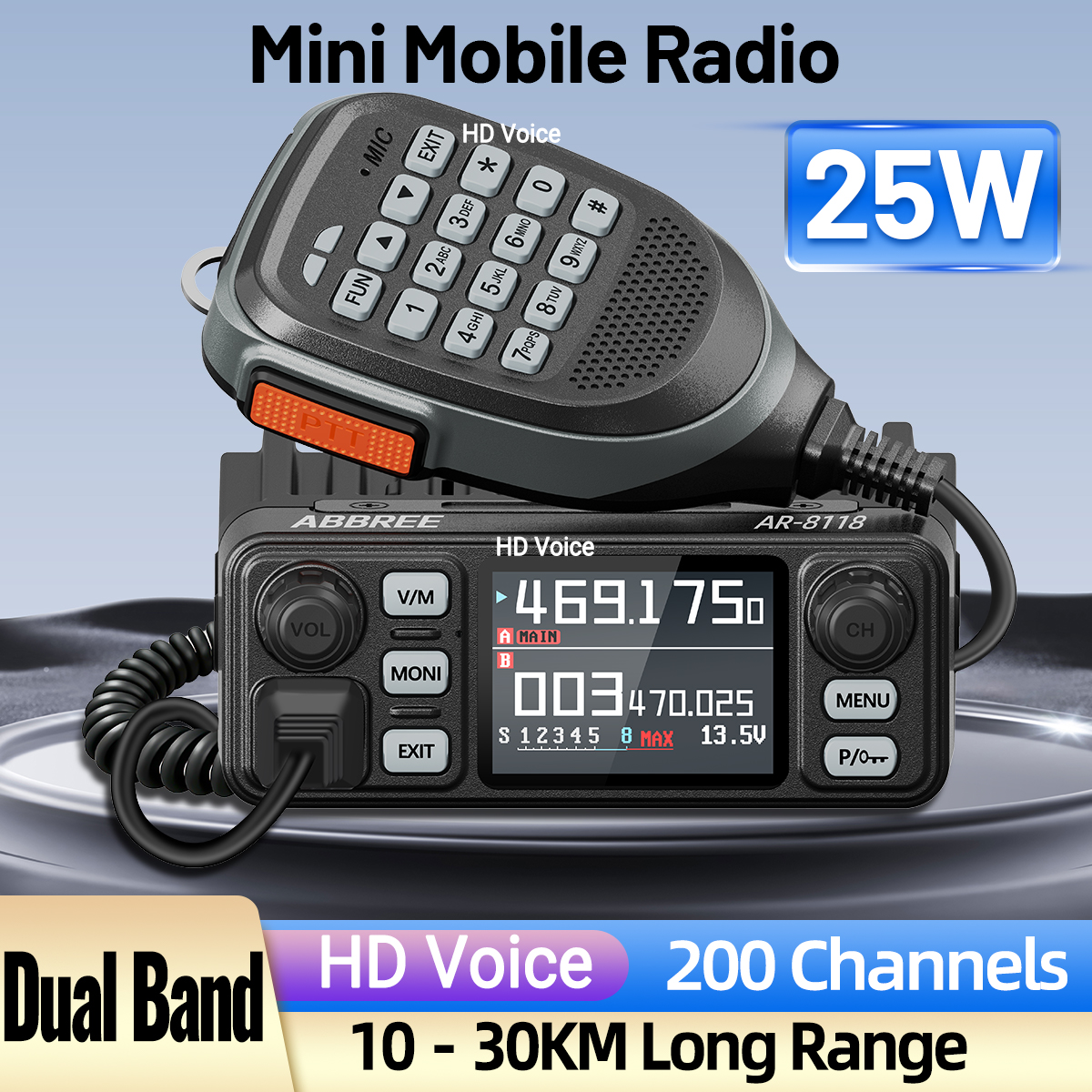 ABBREE AR-8118 25 ワットデュアルバンドミニモバイルラジオ HD 音声 200CH 長距離 VHF UHF 干渉防止デュアル PTT HD Vioce カーラジオ