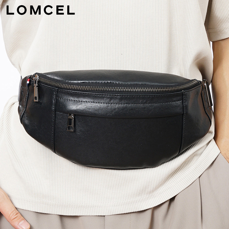 LOMCEL メンズ レザー ウエスト バッグ - カジュアルで軽量、二重目的のチェストバッグ。 2つのコンパートメント。最高級牛革