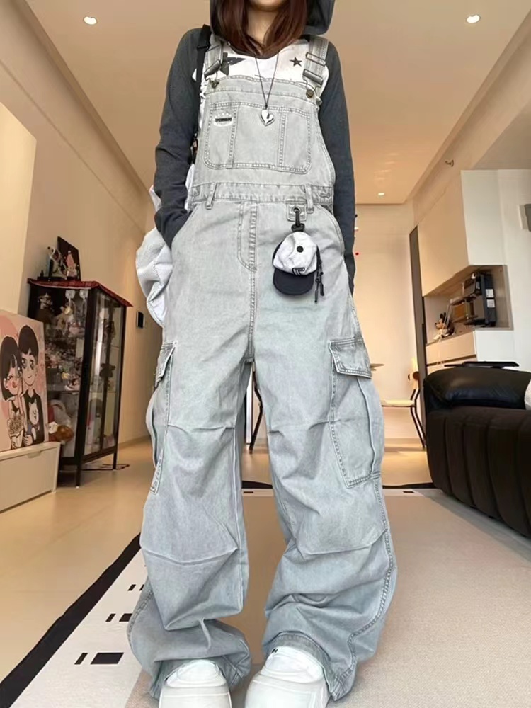 XS-XL ジーンズレディース 2026 春秋グレーワイドレッグパンツジャンプスーツアメリカンスタイルポケットデニムオーバーオールレディースジーンズ女性