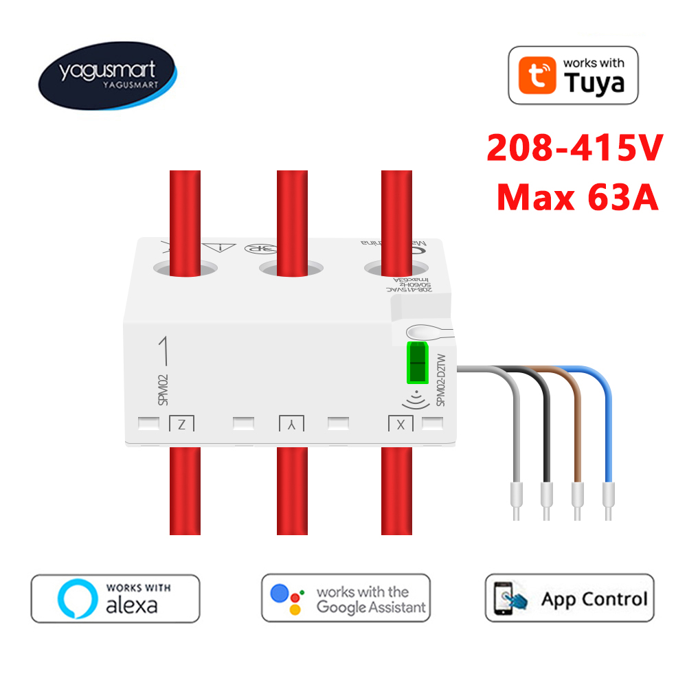 Yagusmart 1 相 3 相 4 線式スマートエネルギーメーター 63A Zigbee WiFi 電力監視アラームセンサー 208V 415V Tuya APP で動作