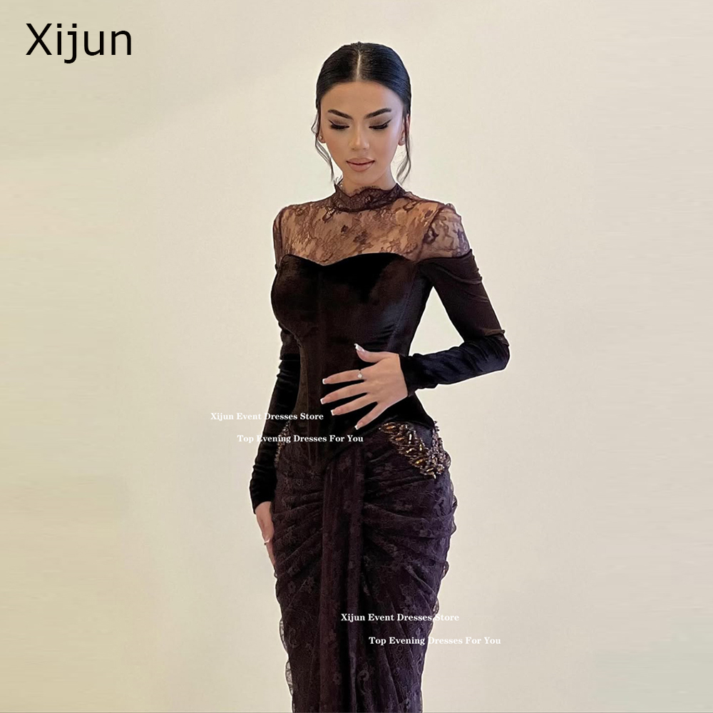 Xijun 高級ブラウンベルベットのイブニングドレスレースフルスリーブフォーマルウエディングドレスハイ襟サウジアラビアウエディングドレスカスタマイズ