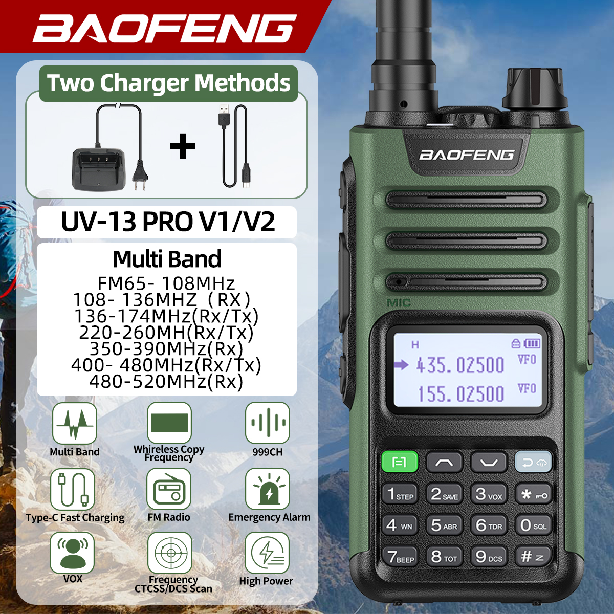 BaoFeng M-13 PRO V1 V2 ハイパワー マルチバンド トランシーバー タイプ C 充電器 長距離アップグレード UV-13 PRO V1 V2 ハム双方向ラジオ
