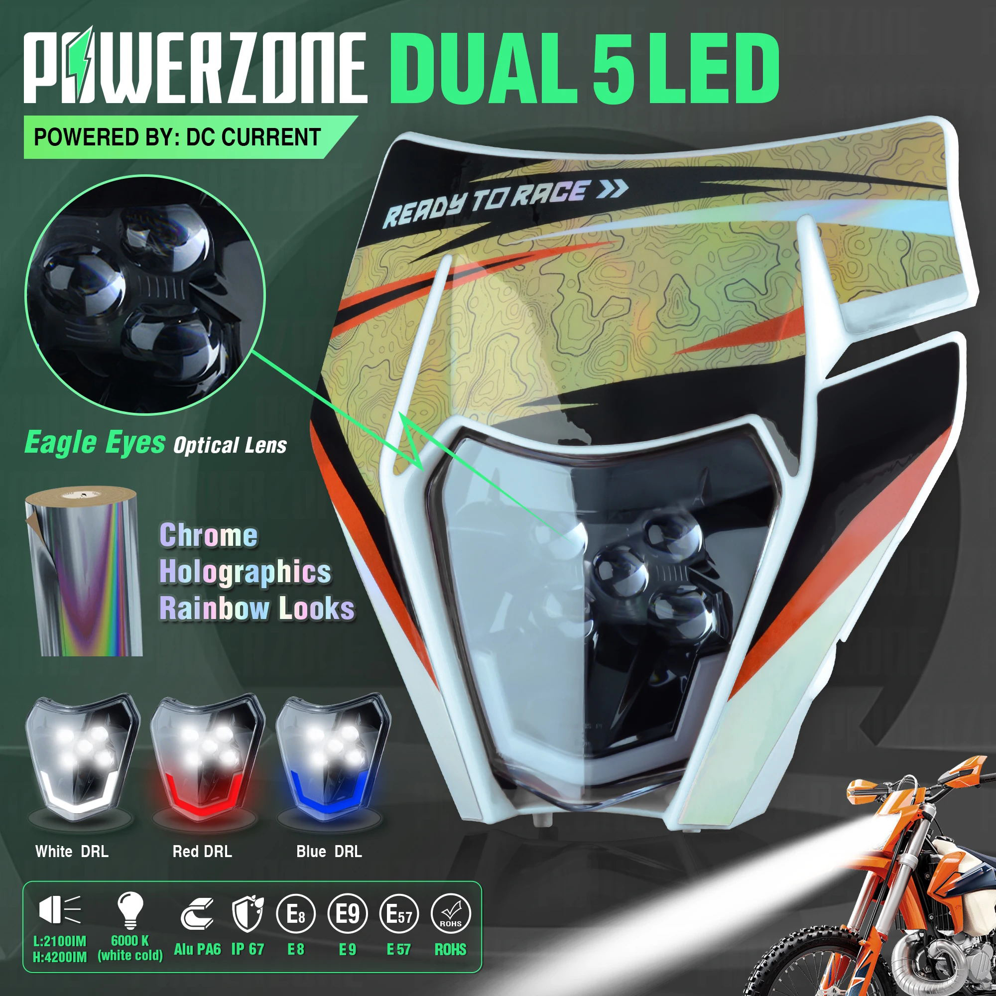 PowerZone オートバイのヘッドライトヘッドランプヘッドライトスーパーモトフェアリング KTM EXC SXF MX ダートバイクエンデューロヘッドライト