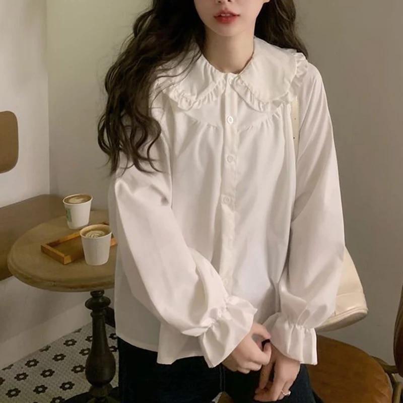 Gidyq ヴィンテージ女性白シャツプレッピースタイルファッションエレガントな女性長袖ブラウス Y2K 甘いかわいいすべて一致シャツ
