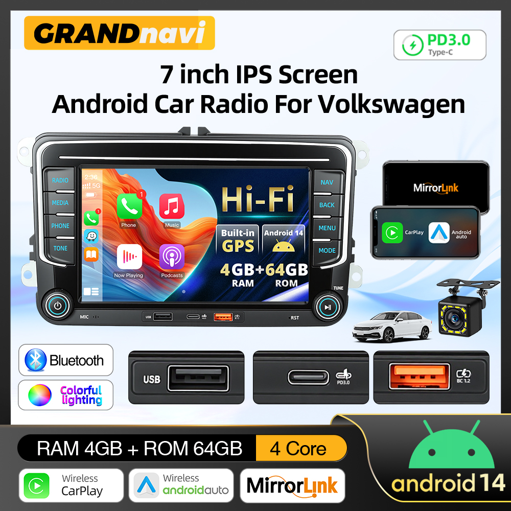 7 インチ Android 14 カーラジオ Carplay VW フォルクスワーゲン ジェッタ パサート ゴルフ ポロ カーステレオ GPS WIFI FM RDS EQ デュアル USB PD3​​.0 充電