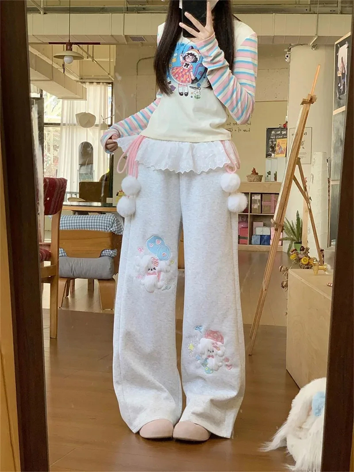 かわいい漫画ワイドレッグパンツ女性レースパッチワークハイウエスト甘いズボンヴィンテージ日本プレッピースタイル秋冬かわいいパンツ