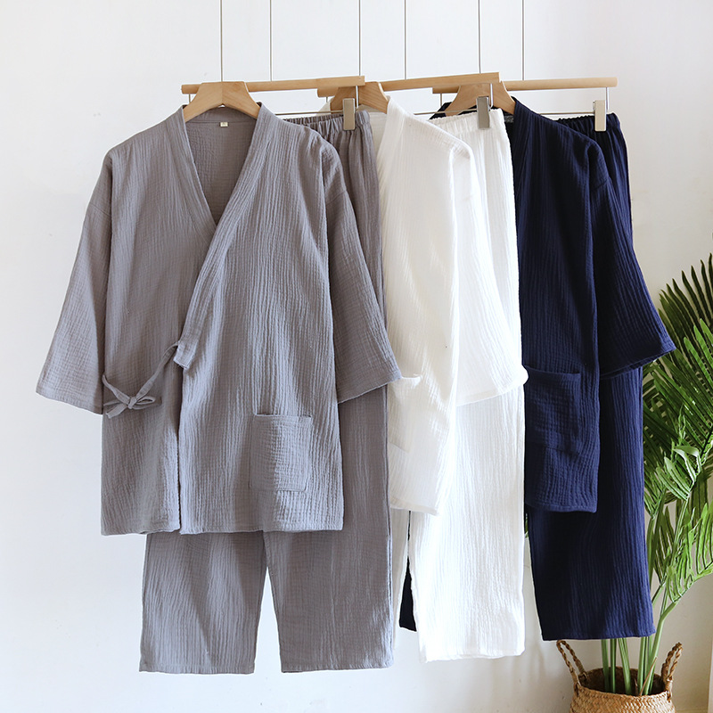 綿クレープ着物汗蒸しセットメンズプラスサイズ和風長袖パンツサウナホテルホーム服
