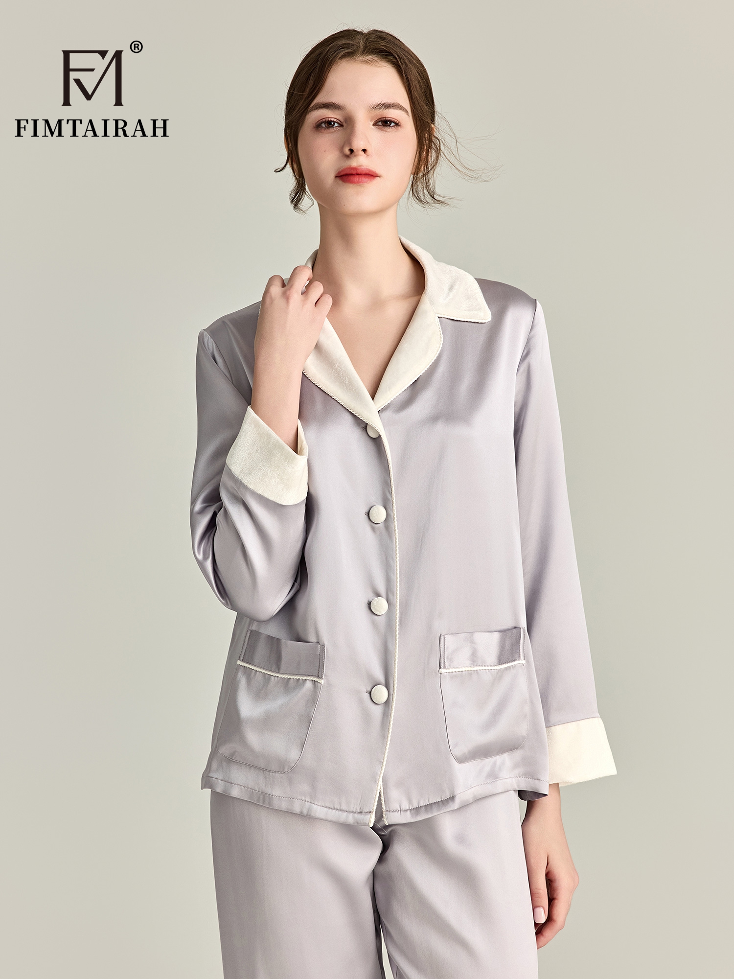 Fimtariah22MM 100 シルクパジャマ女性パンツトップス冬秋長袖パジャマナイトスーツ女性パジャマ