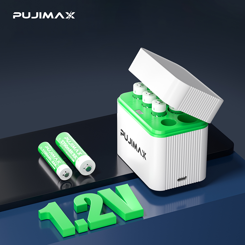 PUJIMAX 4スロット単3形4スロット単4形電池充電器、1.2Vニッケル水素電池総合充電ボックス、インテリジェントライトスイッチ