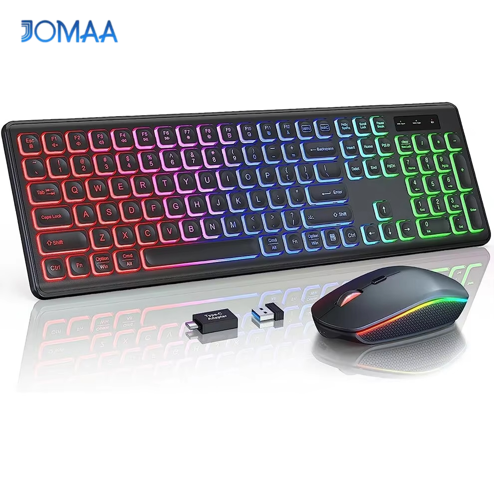 JOMAA 2.4 グラムワイヤレスキーボードマウスコンボ RGB バックライト付き充電式フルサイズ人間工学に基づいた Type-c ワイヤレスキーボードマウスセット