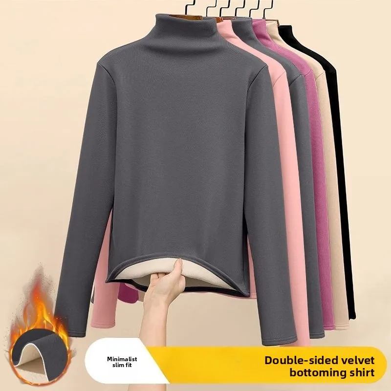 女性の熱下着冬肥厚とフランネルボトムシャツ固体長袖ベーシック Tシャツ加熱繊維プルオーバー