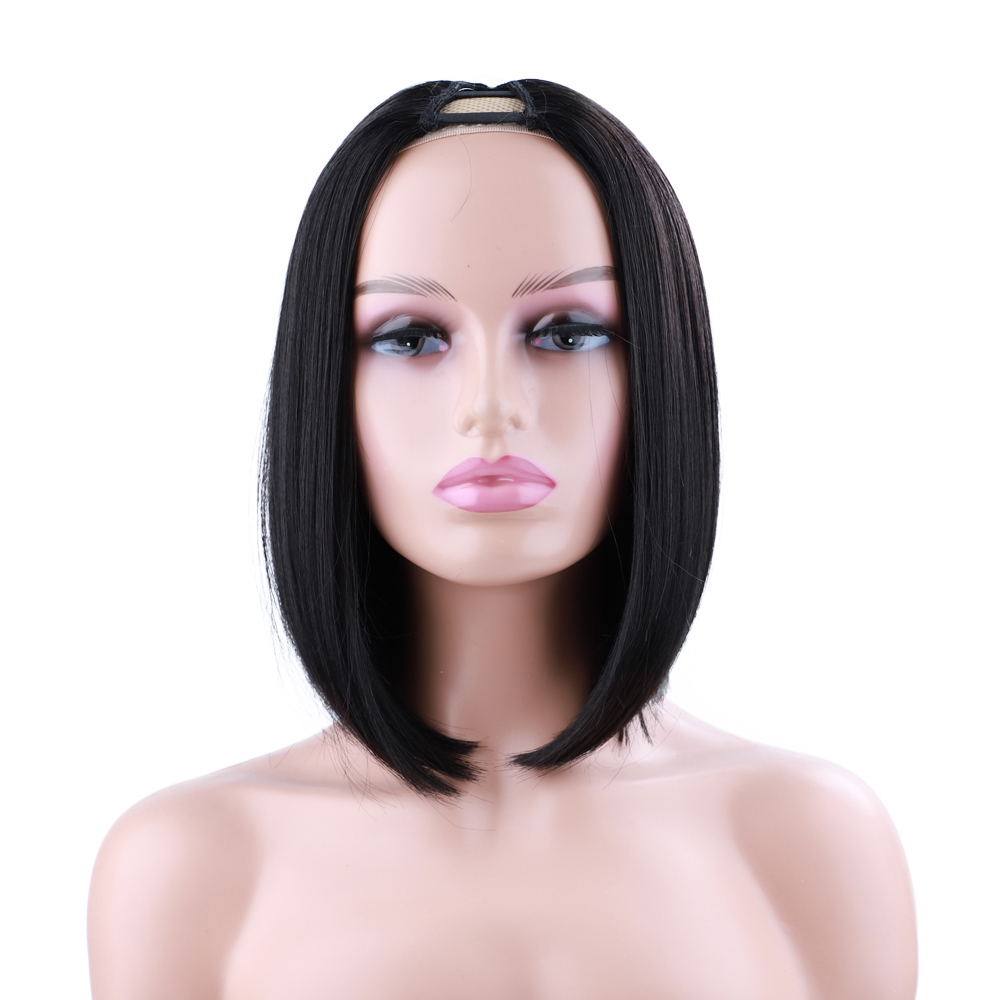 ショート合成ストレート V パートボブウィッグシルキーストレートヘア合成 V パートウィッグ女性のためのブラックシルキーストレート人工毛