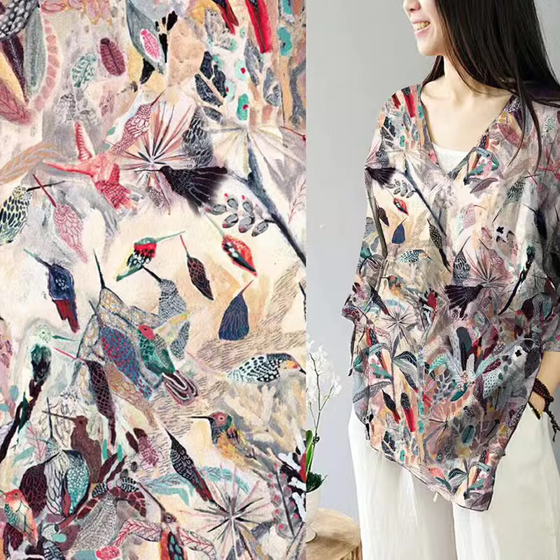 1 ヤード高品質ラミー生地ユニークな鳥の葉プリント tissu カスタマイズされた手作り DIY ドレス服生地用縫製