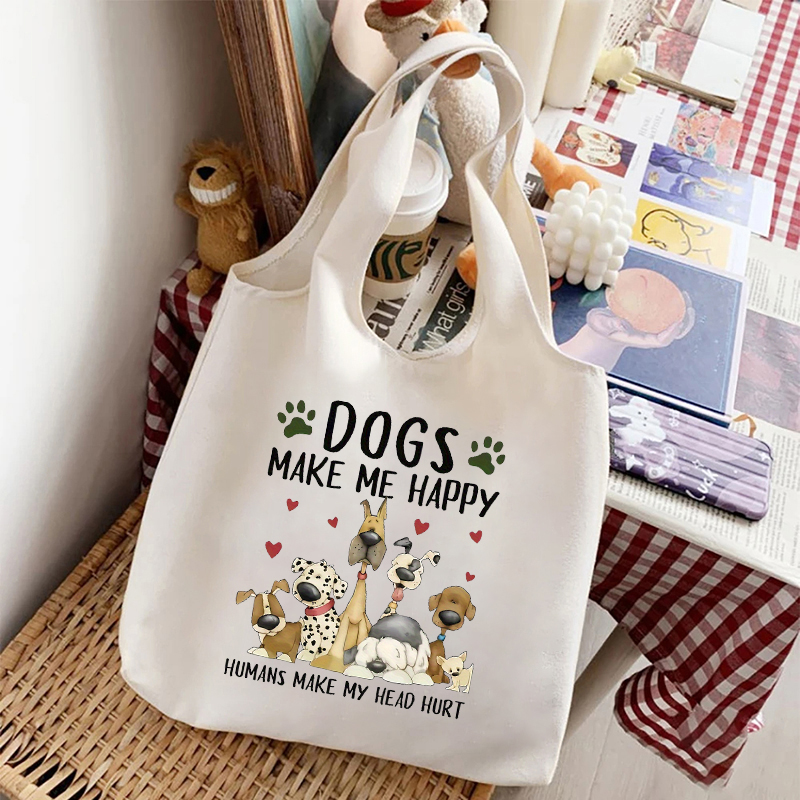 Dog Make Me Happy Fun プリントキャンバスバッグオーガナイザー大容量トラベルショルダーバッグ環境に優しい再利用可能なショッピングバッグハンドバッグ