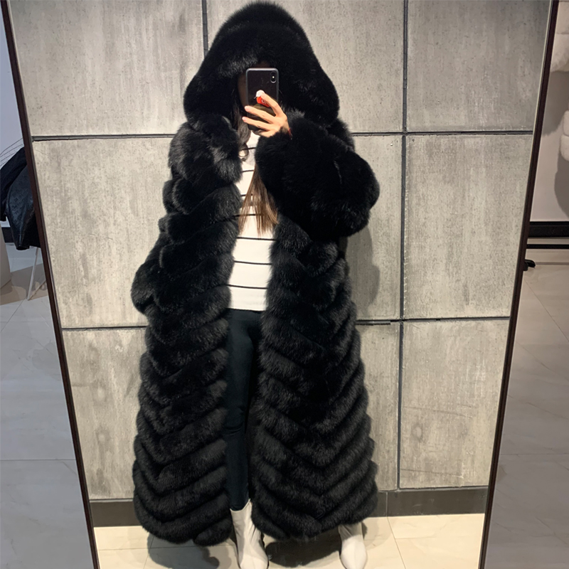 冬暖かい女性黒ロング毛皮コートフード付き天然毛皮コートレディースストリート