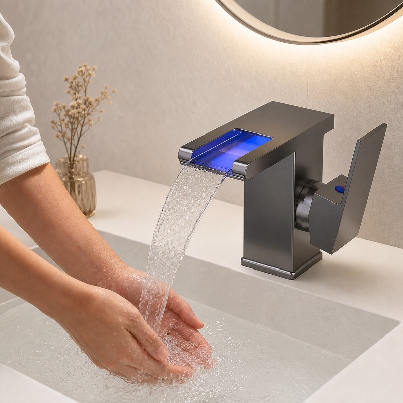 モダンな高級 LED ライト真鍮ミキサー洗面台の蛇口浴室冷温水タップシンクトイレ用