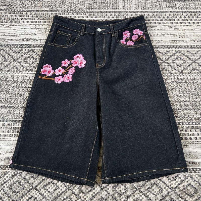 ファッション桜柄刺繍ウォッシュジーンズショーツ女性の夏の新ヒップホップパンクスポーツストレートカジュアルショーツ
