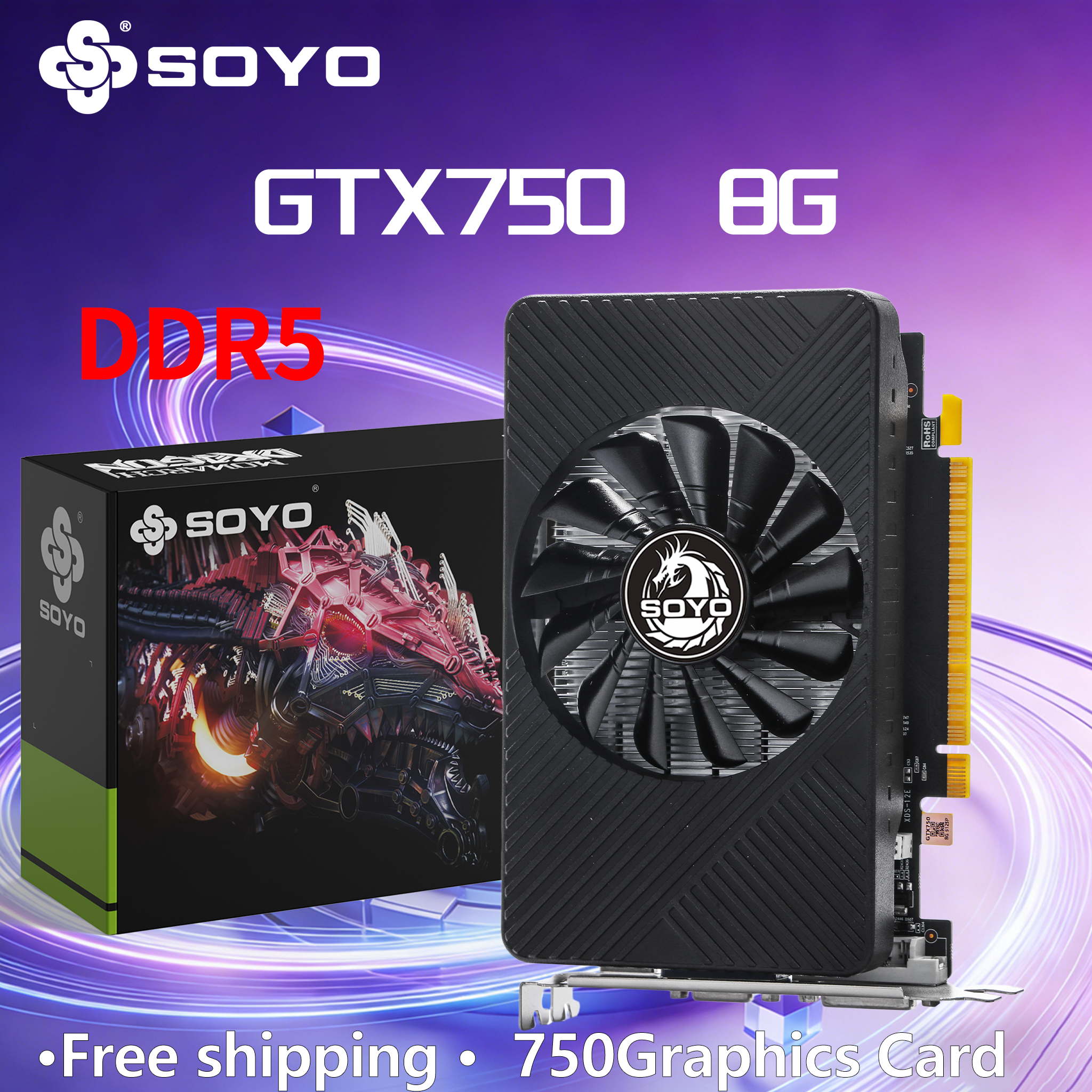 SOYO GTX750 8G DDR5 グラフィックカード 128ビット シングルファン DVI+HDMI+VGA 512統合デスクトップPCゲーミングビデオカード 28NM NVIDIA PCIE3.0*16