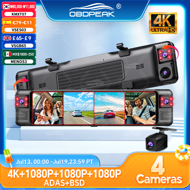 D80 バックミラー 4K ダッシュカム ADAS 4CH 360° 記録車 DVR インテリアカメラ WIFI アプリ 1080P BSD 自動ビデオレコーダー 24 時間駐車