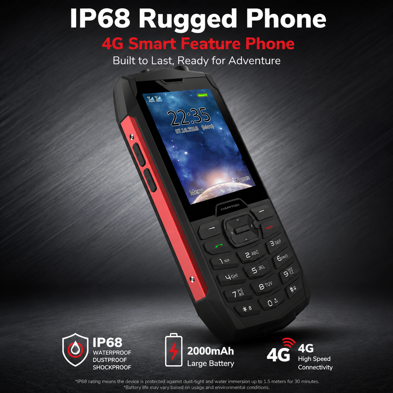 HAMTOD H3 IP68 防水頑丈な 4G フィーチャーフォン 2.8 インチビッグボタン 2000mAh ロングスタンバイ防塵落下防止携帯電話