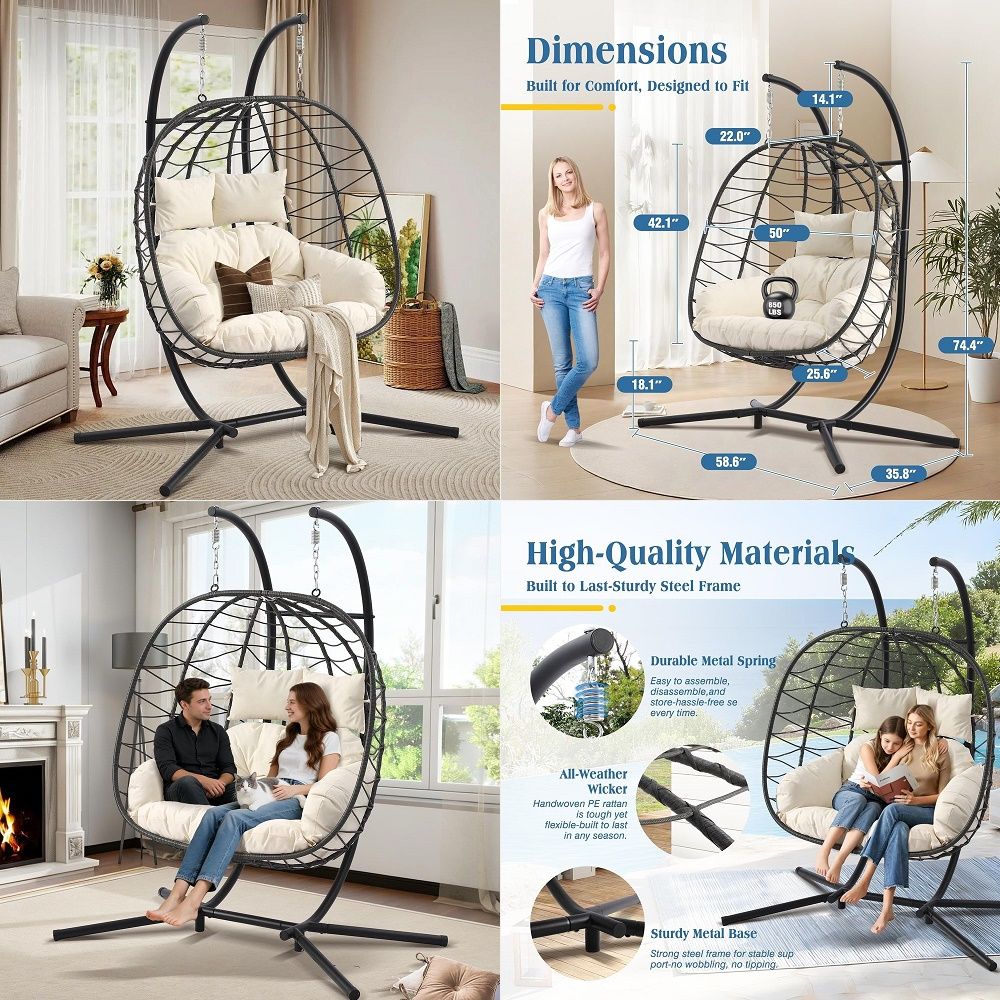吊り下げエッグチェア スタンド付き 耐荷重330ポンド パティオ籐エッグスイングチェア 耐紫外線クッション付き 寝室 庭 屋内用