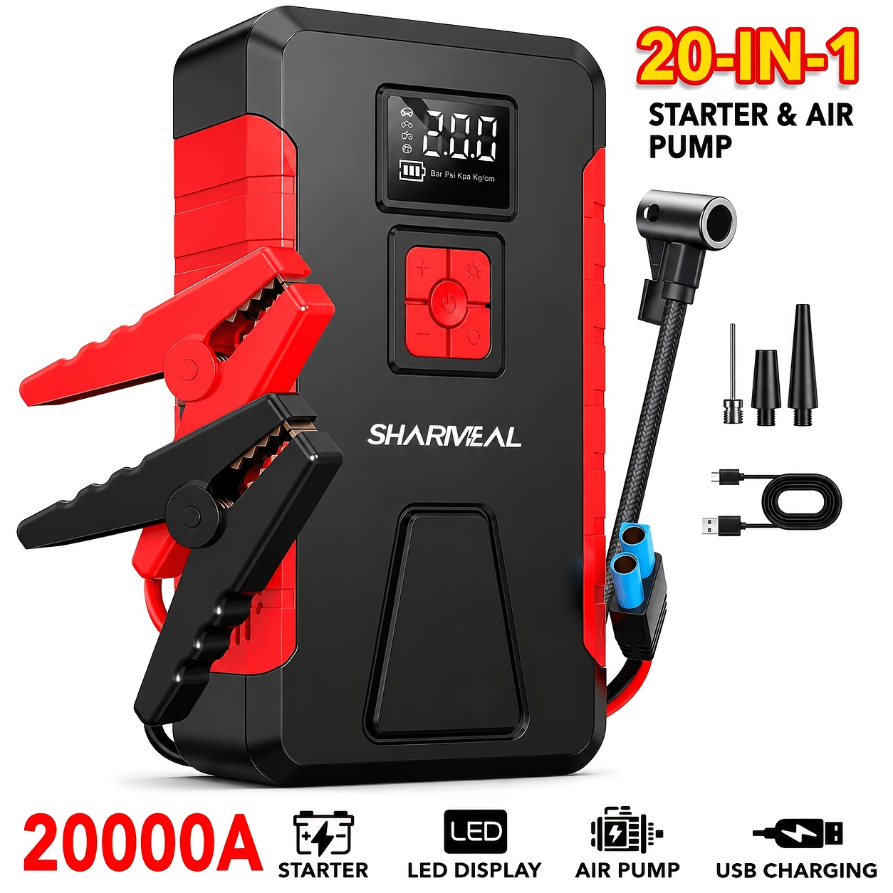 20000A/25000A ピーク 12V ポータブル車緊急スターター、12V 車バッテリー充電器、エアコンプレッサー付き車緊急スターター、(すべてのガス/10.0LDiesel) に適しています、緊急スターターアクセサリー、LED ライト、