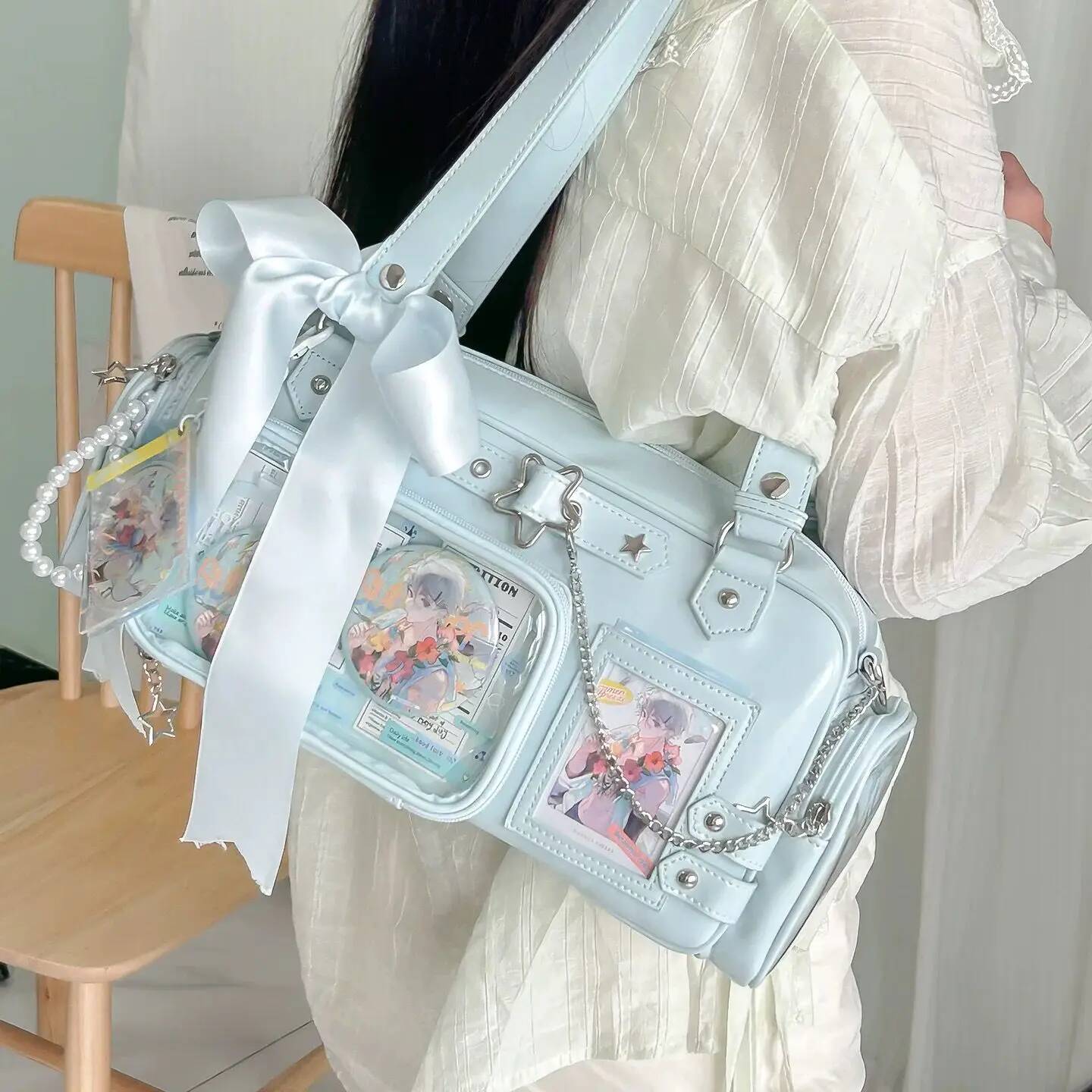 新しい Y2k スターチェーン Ita バッグかわいいガールコミック展示透明ショルダーバッグ大容量クロスボディバッグ DIY ディスプレイハンドバッグ