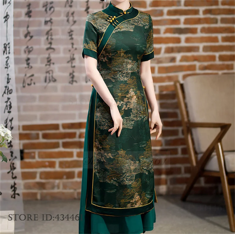 オーバーサイズ伝統的な中国の袍アオザイドレス夏半袖プリント花チャイナレトロクラシックサテン Vestidos デフェスタ