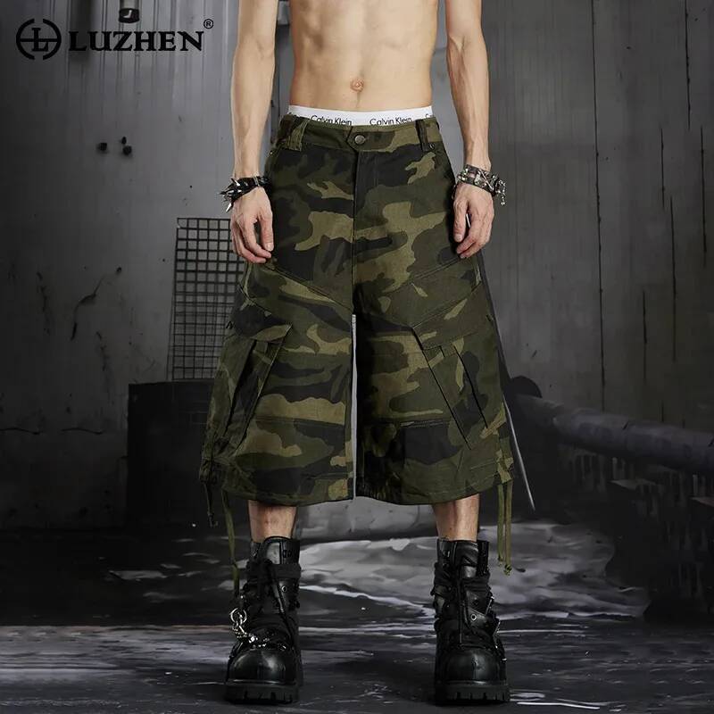 LUZHEN 2026 夏の新迷彩プリントルーズストレートクロップドパンツメンズスタイリッシュなマルチポケットカーゴカジュアルショーツ JY7617