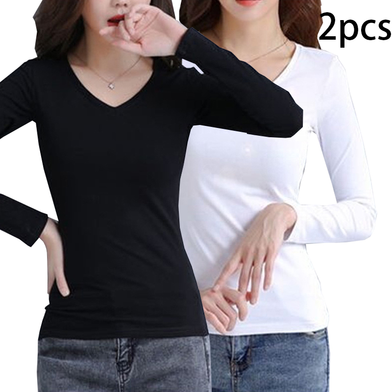 2 個女性秋薄型長袖 Tシャツ女性熱下着スリムフィットファッション新スタイル V ネックトップ黒、白 S-5XL