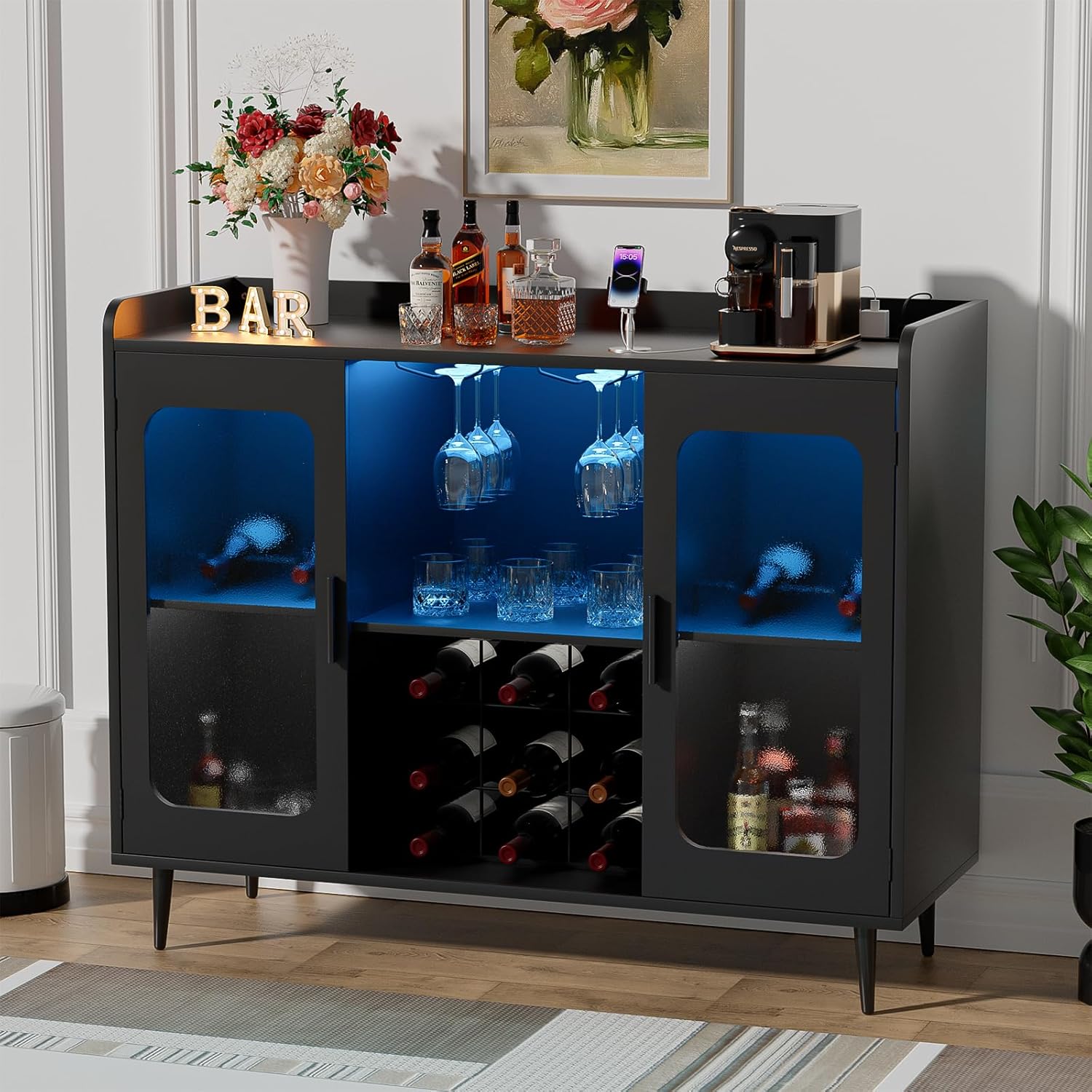電源コンセントとLEDライト付き酒キャビネットバー、ワインとグラスラック付きワインバーキャビネット、ホームコーヒーバー、カスタマイズ