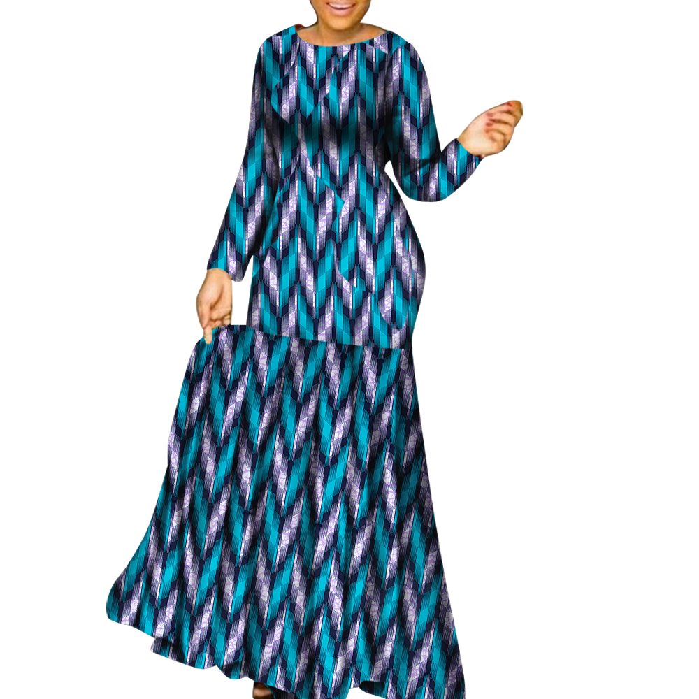 Bintarealwax アフリカのマキシドレスバザンリッシュプリントワックスロングドレス長袖プラスサイズ S-7XL アフリカ服 WY5265