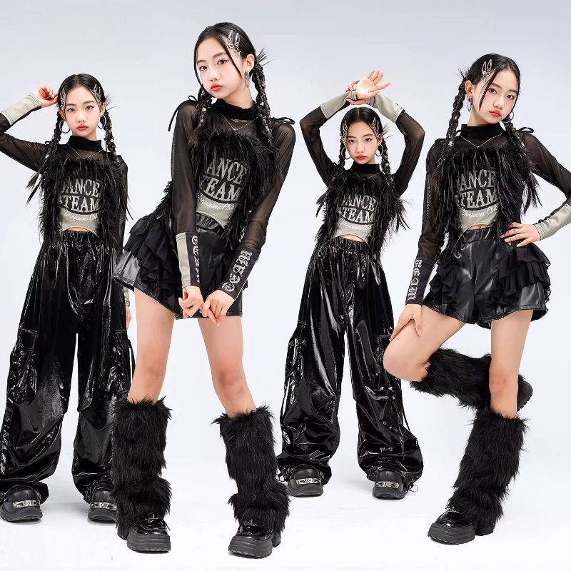 女の子ストリートダンスウェアジャズダンス衣装ヒップホップ服フェザーベストメッシュトップレザーパンツ Kpop 衣装ステージパフォーマンス着用