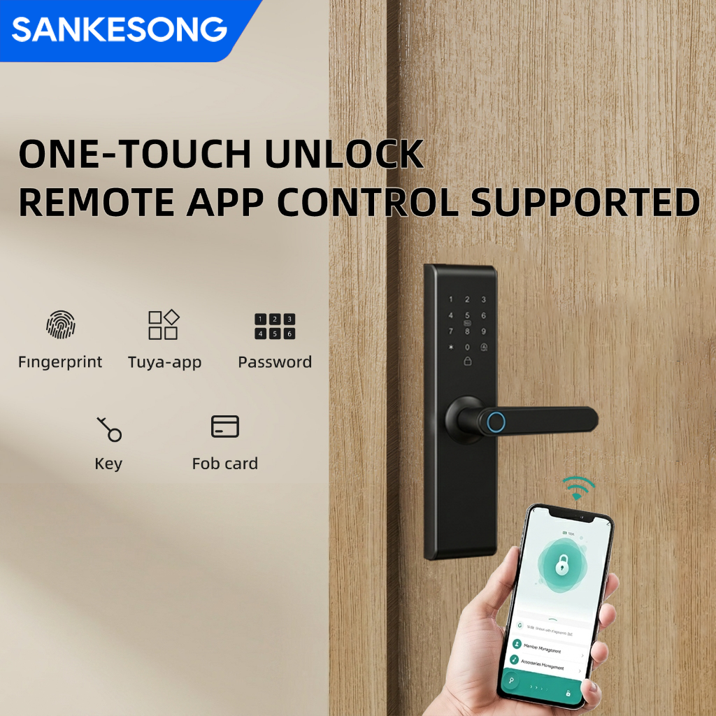 SANKESONG Tuya Wi-Fi スマートドアロック、5050 ほぞ穴ロック、180mm パネル指紋認証キーレスエントリーハンドル キー付き [米国在庫]