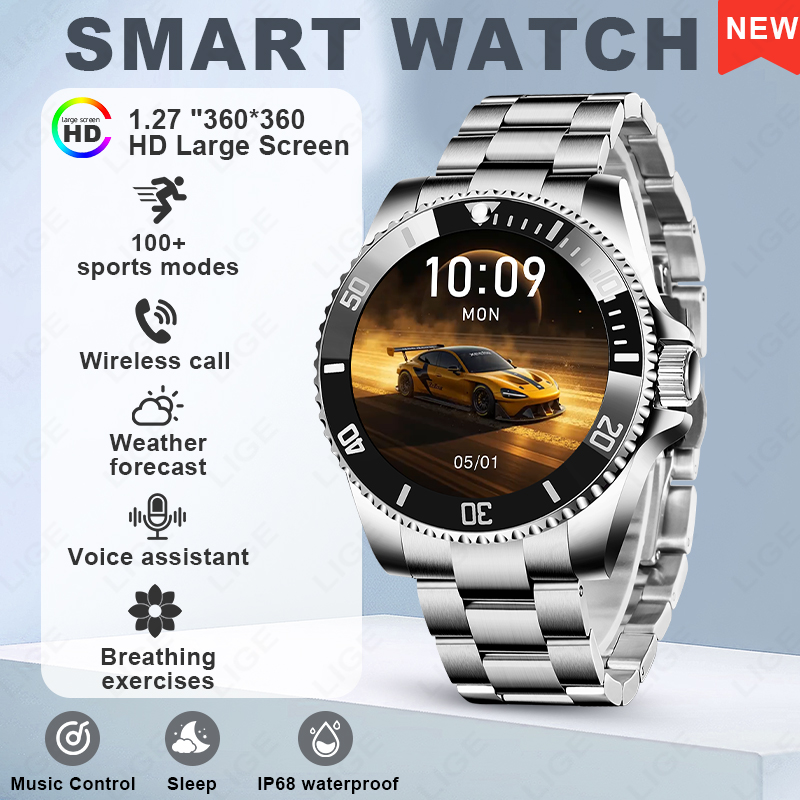 LIGE スマートウォッチ高級スチール健康スポーツモニターメンズ腕時計 1.27 "HD スクリーン Bluetooth 通話 IP68 防水男性スマートウォッチ