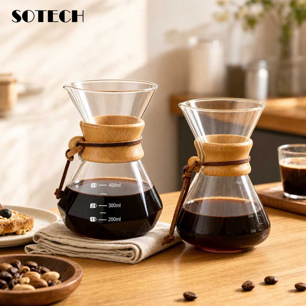 Chemex スタイル ポアオーバーコーヒーメーカー、ガラスドリップコーヒーポット (400ml、600ml) 木製カラー付き、ホウケイ酸ガラス手淹れコーヒー