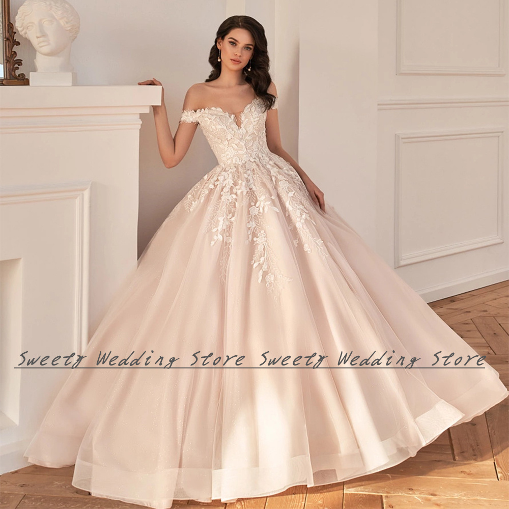 シャンパンボールガウンのウェディングドレス魅力的なオフショルダー V ネックアップリケバックレースアップ Vestido De Noiva 花嫁ブライダル