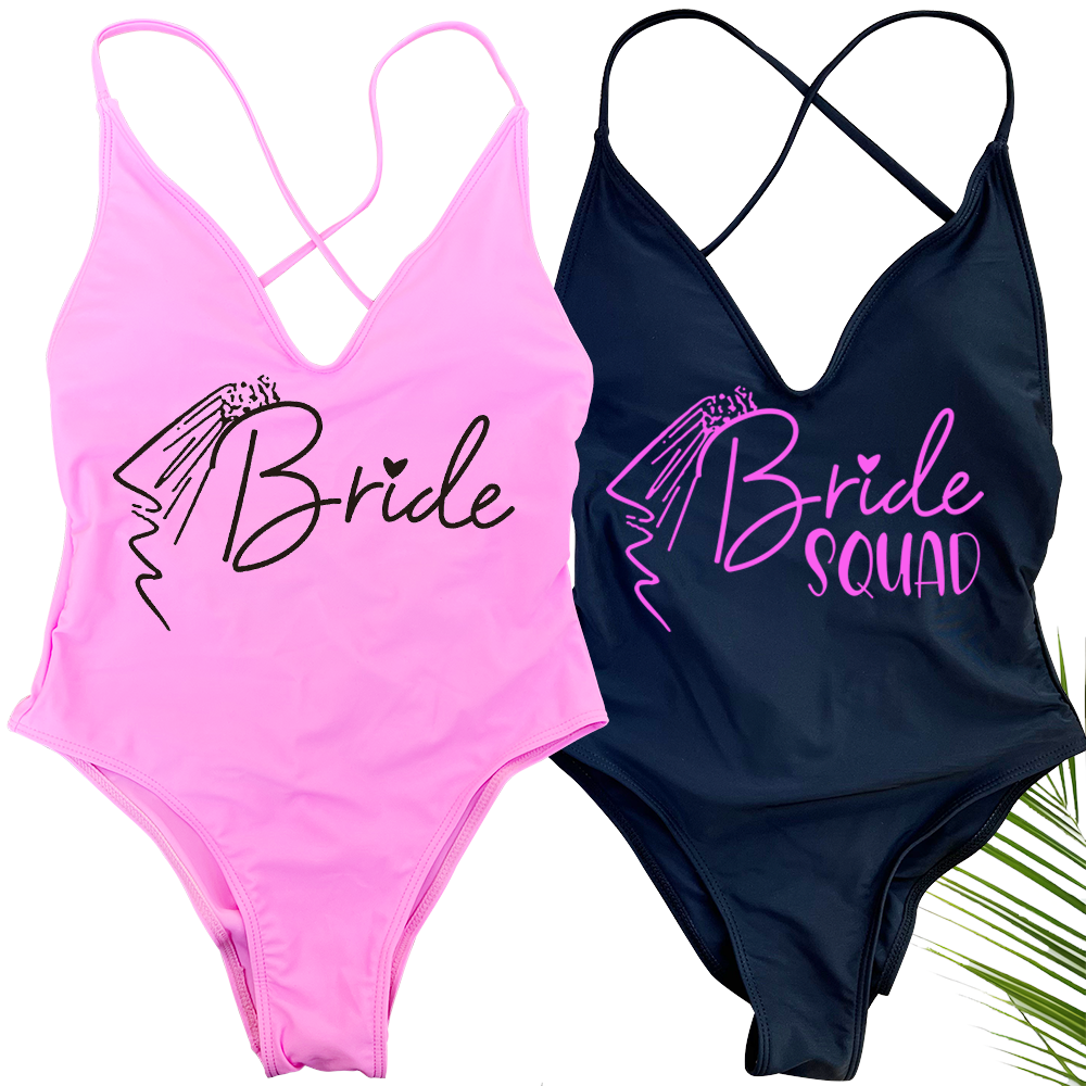 ベールパッド入りワンピース水着花嫁部隊レタープリント水着女性ビキニ水着夏ボディスーツ背中の開いたモノキニ