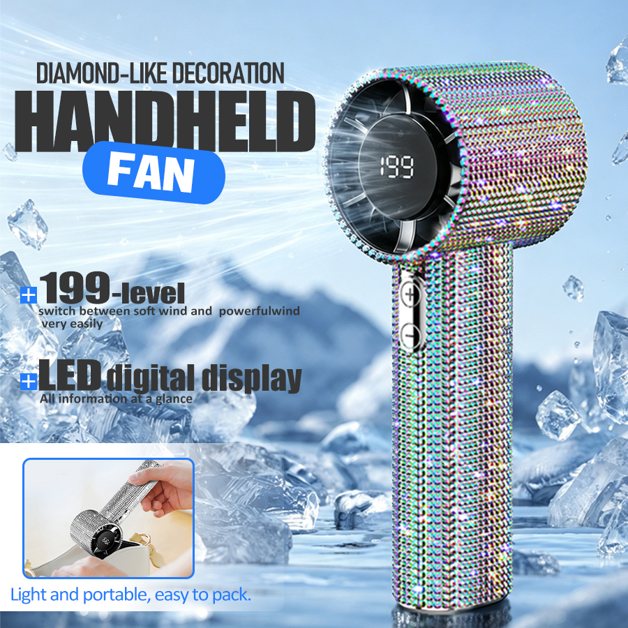 きらめくダイヤモンドポータブルファン – 199スピード、LEDディスプレイ付きUSB充電式ミニファン、女性/女の子ギフト用キラキラクリスタルファン