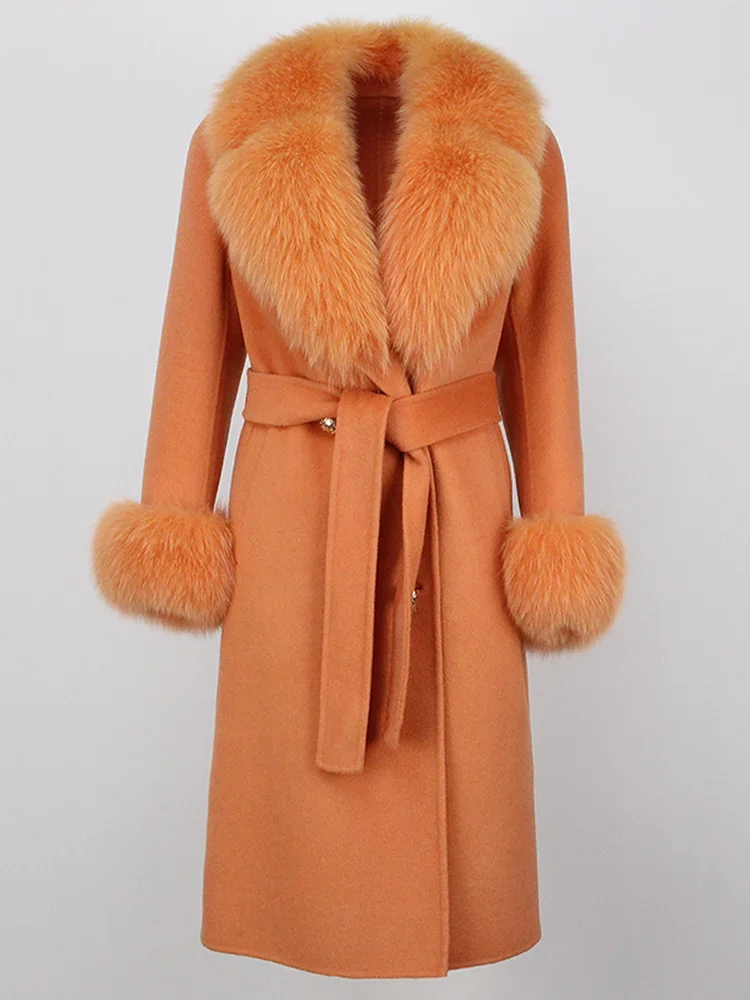 2024 冬のジャケットの女性ロング天然ウールブレンドカシミヤリアルファーコートダブルブレストベルト暖かいウールストリート新ファッション
