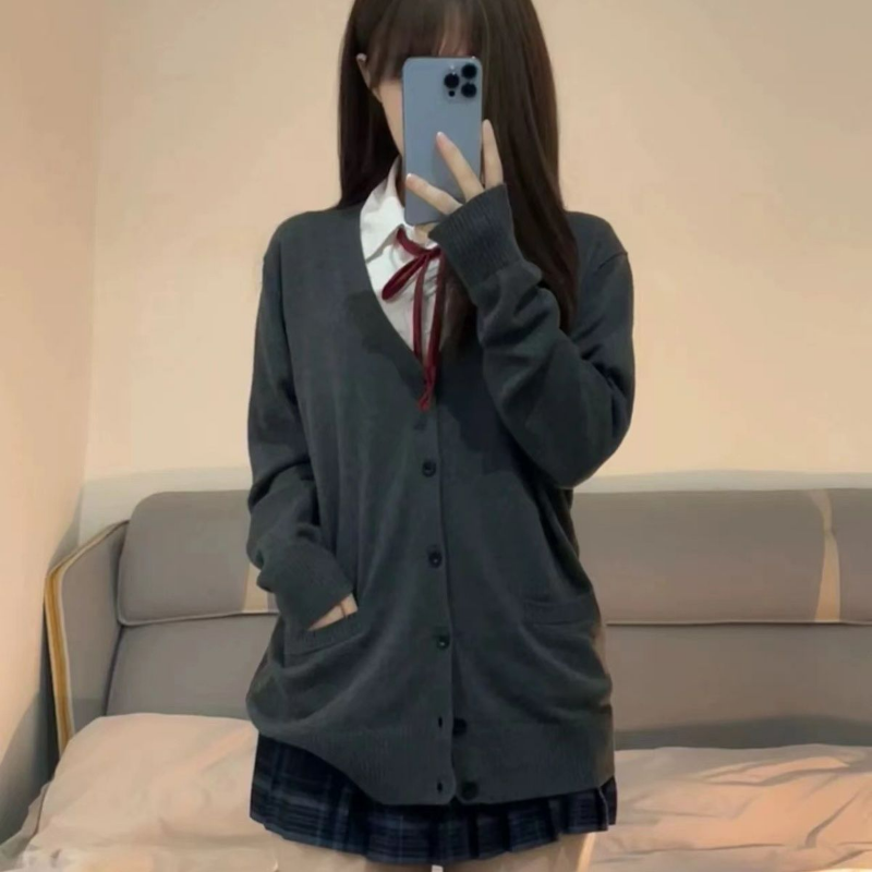 カレッジセーター上着カーディガンJK制服秋冬日本製ソリッドVネックボタンポケットゆったり薄手長袖ニットトップ